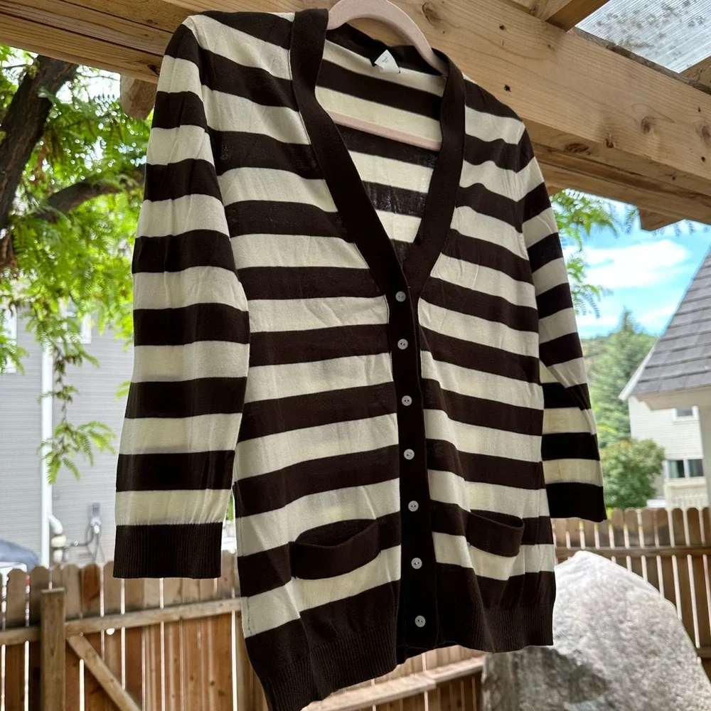 J. Crew Featherweight Chocolate Brown Ivory Cardigan Striped V Neck Cotton Large